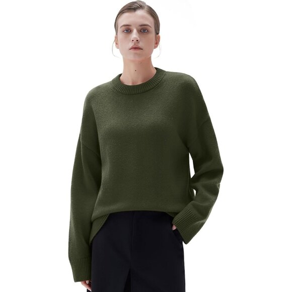 Women Cashmere Blend Oversized Crew Neck Army Green Soft Warm Pullover Sweater - Picture 1 of 5